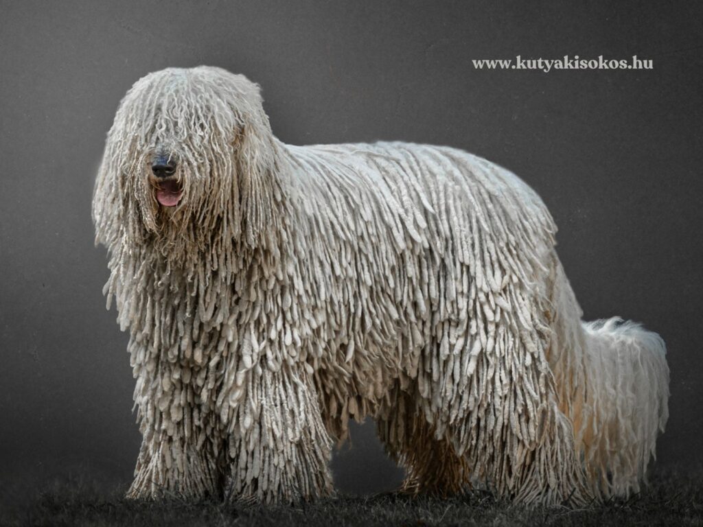 Magyar komondor kutya, jellegzetes hosszú, zsinóros szőrzettel.