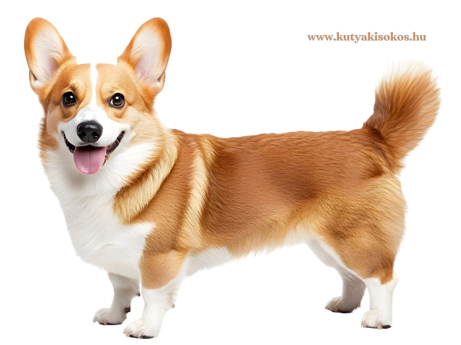 welsh corgi Welsh corgi áll fehér háttér előtt, rövid lábakkal, vörös-fehér bundával és mosolygós arckifejezéssel.