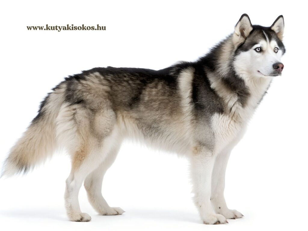 Szibériai husky áll fehér háttér előtt, vastag bundával, amely kiválóan védi a hideg időjárásban.